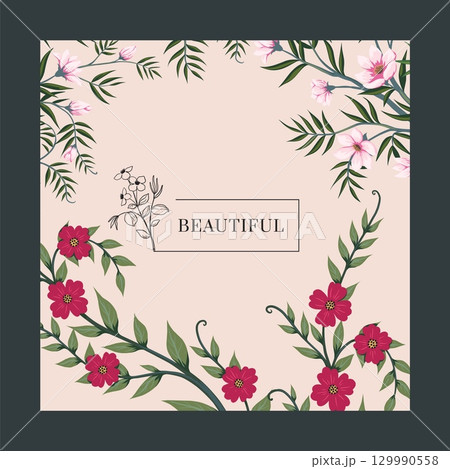Flower poster. Frame with copy space for text. Social media post template. postcard or greeting card. Summer botanical decorative plants graphic. Summer vector isolated illustration Flower poster. Frame with copy space for text. Social media post template. postcard or greeting card. Summer botanical decorative plants graphic. Summer vector isolated illustration 129990558