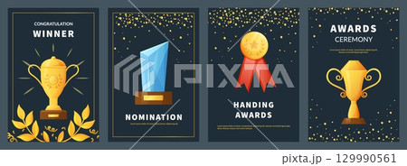 Congratulation winner poster. Nomination in tournament and championship. Awards ceremony, leader achievement prize, sport and business card design. Vector cartoon isolated illustration set 129990561