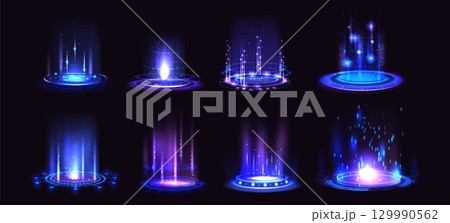 Light effects. Magic blue hologram. Abstract hud portal. 3D fantasy beam. Speed screen floor. Glow podium. Sci-fi space teleport. Teleportation tunnel. Vector cyberpunk backgrounds set Light effects. Magic blue hologram. Abstract hud portal. 3D fantasy beam. Speed screen floor. Glow podium. Sci-fi space teleport. Teleportation tunnel. Vector cyberpunk backgrounds set 129990562