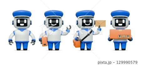 3D robot. Cute AI characters. Engineer mascot expression or facial friendly courier bot. Artificial intelligence technology. Postal kawaii assistant. Mail delivery. Vector androids set 3D robot. Cute AI characters. Engineer mascot expression or facial friendly courier bot. Artificial intelligence technology. Postal kawaii assistant. Mail delivery. Vector androids set 129990579
