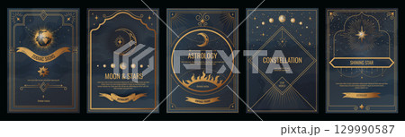 Star frame. Magic horoscope. Moon and starry constellation. Esoteric wheel. Future prediction brochure design template. Golden border with celestial circle. Vector astronomy banners set 129990587