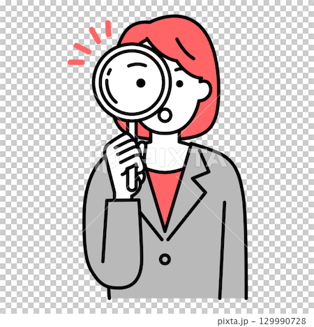 虫眼鏡を覗くスーツの女性 129990728