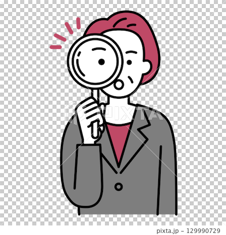 虫眼鏡を覗く中年のスーツの女性 129990729