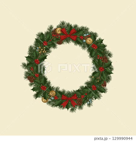 Nostalgic round holly garland illustration in traditional Christmas colors. Festive evergreen border with vintage holiday foliage and berries, ideal for seasonal winter imagery Nostalgic round holly garland illustration in traditional Christmas colors. Festive evergreen border with vintage holiday foliage and berries, ideal for seasonal winter imagery 129990944