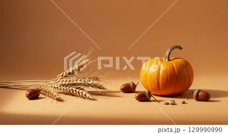 Small pumpkin, wheat stalks, and acorns on a table. Autumn harvest. 129990990