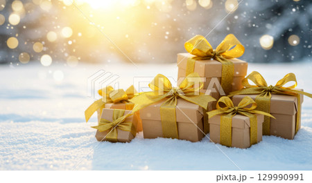 Gift boxes with gold ribbons on snow, sparkling with bokeh. Christmas presents and winter holidays magic. Gift boxes with gold ribbons on snow, sparkling with bokeh. Christmas presents and winter holidays magic. 129990991
