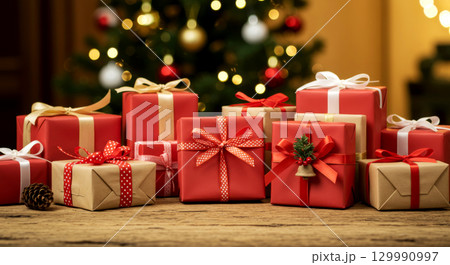 Festive Christmas gifts on a wooden table with a blurred background of a decorated Christmas tree. 129990997
