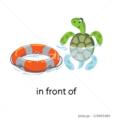 Preposition of place. Turtle IN FRONT OF the lifebuoy 129991060