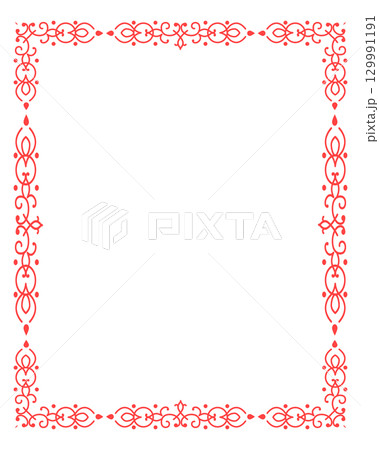 Elegant red ornamental border frame with decorative swirls on white background. Perfect for invitations, greeting cards, certificates, wedding and festive designs. Elegant red ornamental border frame with decorative swirls on white background. Perfect for invitations, greeting cards, certificates, wedding and festive designs. 129991191