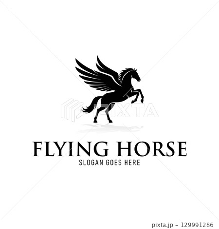 Strong Prancing Horse Stallion Pegasus Wing Logo Design on white background Strong Prancing Horse Stallion Pegasus Wing Logo Design on white background 129991286