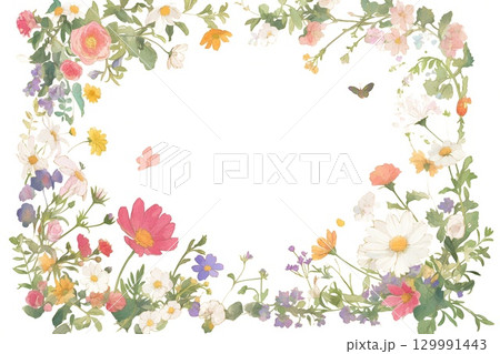 春の優しい色使いのオシャレな植物やお花の白バックのイラスト素材 129991443