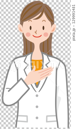一位身穿白大褂、手放在胸前的女人的插圖,醫生,藥劑師,醫生 一位身穿白大褂、手放在胸前的女人的插圖,醫生,藥劑師,醫生 129991481