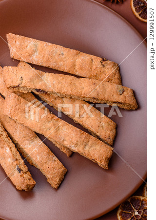 Biscotti or cantuccini biscuits, a crispy sweet Italian pastry. Biscotti dessert 129991507
