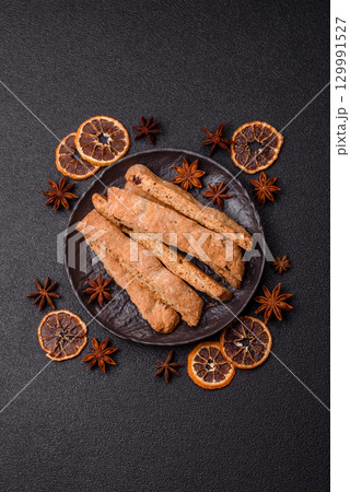 Biscotti or cantuccini biscuits, a crispy sweet Italian pastry. Biscotti dessert Biscotti or cantuccini biscuits, a crispy sweet Italian pastry. Biscotti dessert 129991527