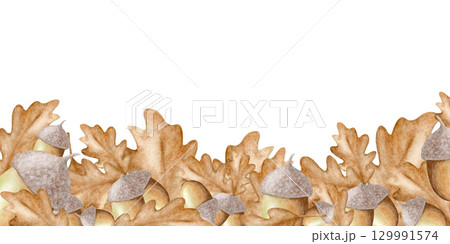 Watercolor autumn frame made of acorns and oak leaves. Drawn by hand. Isolated on a white background. For design, print. Watercolor autumn frame made of acorns and oak leaves. Drawn by hand. Isolated on a white background. For design, print. 129991574