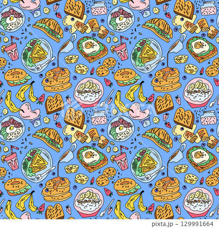 seamless pattern with breakfast dishes, porridge, sandwiches, eggs on blue background 129991664
