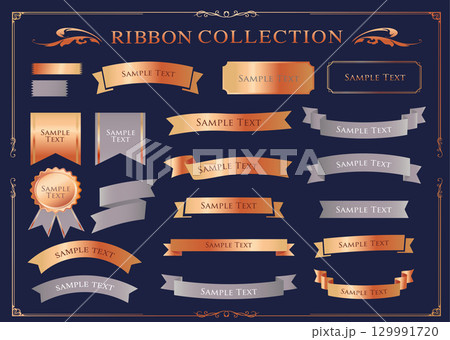リボンの装飾デザインセットとアンティークな罫線やフレームデザイン 129991720