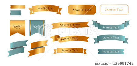 リボンの装飾デザインセットとアンティークな罫線やフレームデザイン 129991745