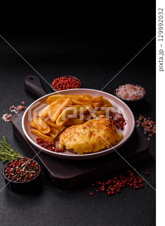 Fried French fries with a piece of meat, lunch food. Prepared potatoes and meat 129992032