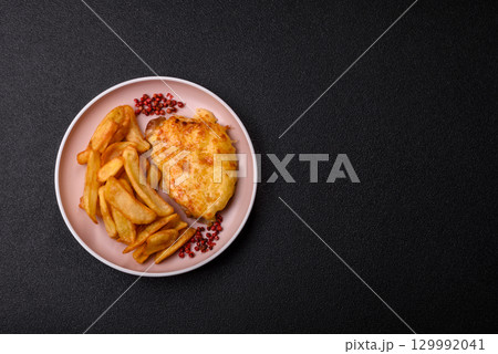 Fried French fries with a piece of meat, lunch food. Prepared potatoes and meat Fried French fries with a piece of meat, lunch food. Prepared potatoes and meat 129992041