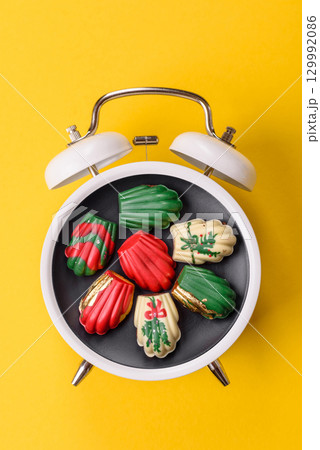 Christmas, gingerbread or madeleine on a plate on a vintage clock. Christmas conceptual background 129992086