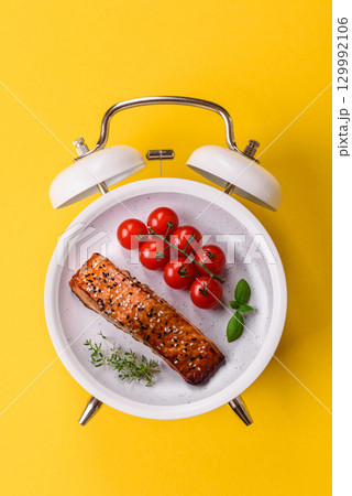 Red salmon fish grilled with pepper and spices. Concept time to eat fish 129992106