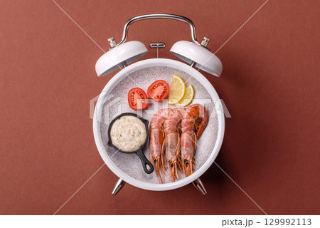 Cooked shrimp, prawn, meal, fresh seafood. Time to eat prawns Cooked shrimp, prawn, meal, fresh seafood. Time to eat prawns 129992113