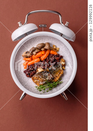 Grilled mackerel fish with peppers and spices. Concept time to eat fish 129992116