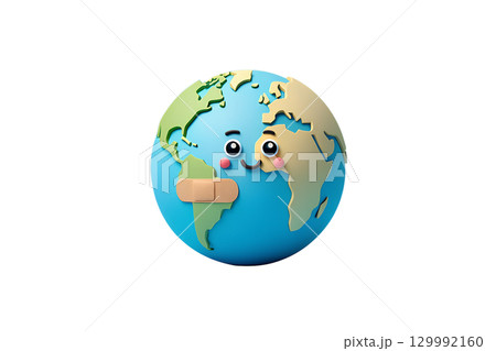Smiling 3d planet earth with bandage on cheek, eco-friendly character for conservation awareness campaigns Smiling 3d planet earth with bandage on cheek, eco-friendly character for conservation awareness campaigns 129992160