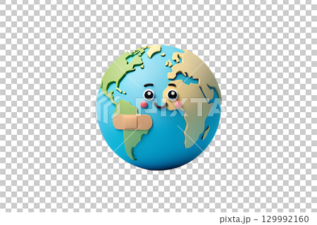 Smiling 3d planet earth with bandage on cheek, eco-friendly character for conservation awareness campaigns Smiling 3d planet earth with bandage on cheek, eco-friendly character for conservation awareness campaigns 129992160
