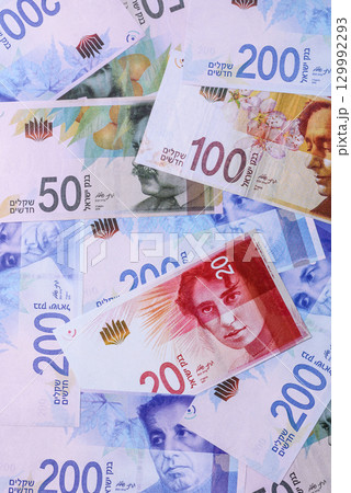 Israeli paper money, banknotes, shekel currency for business and financial settlements. Israel money Israeli paper money, banknotes, shekel currency for business and financial settlements. Israel money 129992293