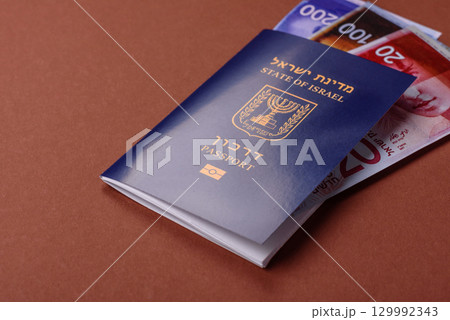 Israel passport for travelling, flying and doing business. Israeli document, id 129992343
