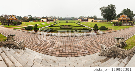 Panoramic view of courtyard and historic pavilions in the Imperial City of Hue Vietnam Panoramic view of courtyard and historic pavilions in the Imperial City of Hue Vietnam 129992391