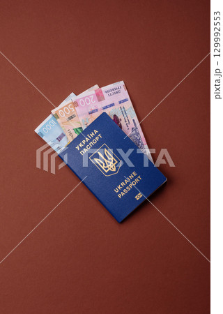 Ukrainian passport for travelling, flying and doing business. Ukraine document 129992553