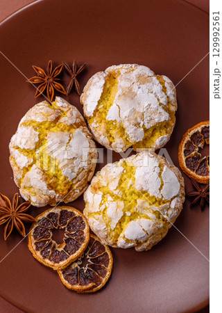Crinkle biscuits lemon or banana, healthy vegan food. Lemon biscuits 129992561