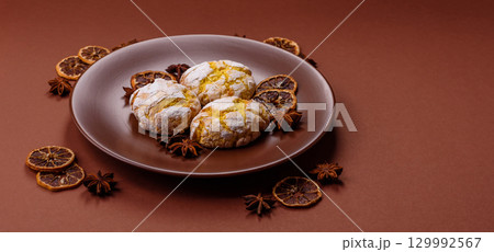 Crinkle biscuits lemon or banana, healthy vegan food. Lemon biscuits 129992567