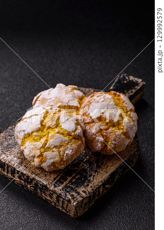 Crinkle biscuits lemon or banana, healthy vegan food. Lemon biscuits Crinkle biscuits lemon or banana, healthy vegan food. Lemon biscuits 129992579