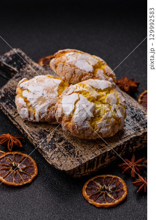 Crinkle biscuits lemon or banana, healthy vegan food. Lemon biscuits 129992583