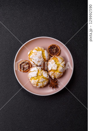 Crinkle biscuits lemon or banana, healthy vegan food. Lemon biscuits Crinkle biscuits lemon or banana, healthy vegan food. Lemon biscuits 129992590