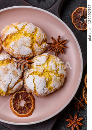 Crinkle biscuits lemon or banana, healthy vegan food. Lemon biscuits 129992597