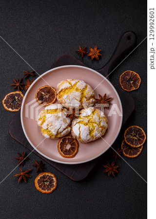 Crinkle biscuits lemon or banana, healthy vegan food. Lemon biscuits 129992601