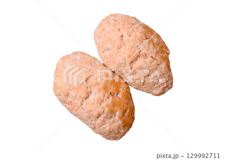 Steamed fish or chicken cutlets or meatballs with salt and spices. Fish cutlets Steamed fish or chicken cutlets or meatballs with salt and spices. Fish cutlets 129992711