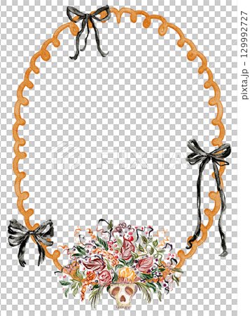 Oval whimsical frame template with bows and bouquet in a skull-shaped vase. Halloween party concept for flyer, poster, brochure, and greeting. Hand drawn spooky illustration for holiday designs. Oval whimsical frame template with bows and bouquet in a skull-shaped vase. Halloween party concept for flyer, poster, brochure, and greeting. Hand drawn spooky illustration for holiday designs. 129992727