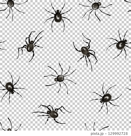 Seamless pattern with black spiders on white background. Hand drawn minimalistic design for textile print, wrapping paper, wallpaper, packaging, and halloween decoration. Monochrome insect backdrop. Seamless pattern with black spiders on white background. Hand drawn minimalistic design for textile print, wrapping paper, wallpaper, packaging, and halloween decoration. Monochrome insect backdrop. 129992728