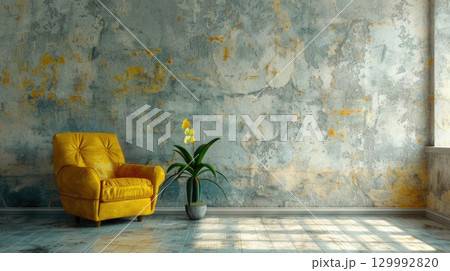 Yellow accent armchair in minimalist gray space with greenery and dramatic light patterns. Open layout with strategic free space for branding text 129992820