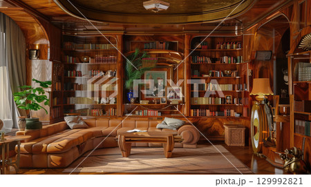 Opulent Art Deco home library with rich wood panels, geometric patterns, and luxurious reading nook. Glamorous 1920s design for sophisticated literary retreats 129992821