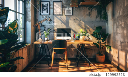 Serene eco-style home office with wooden desk, computer setup, abundant indoor plants, and natural textures. Sustainable workspace blending productivity with nature 129992828