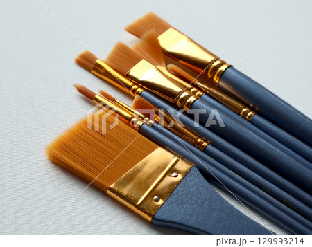 Close-Up of Professional Artist Brushes on a White Canvas Background Close-Up of Professional Artist Brushes on a White Canvas Background 129993214
