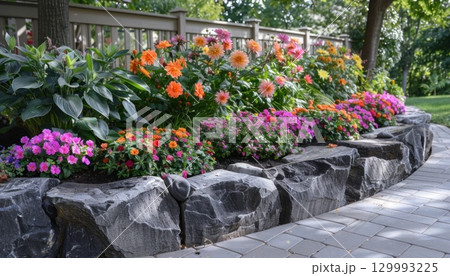 A vibrant garden with colorful flowers, plants, and shrubs 129993225