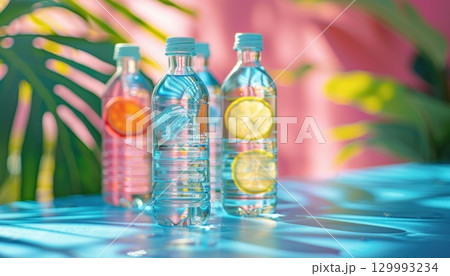 Three drinkware bottles of aqua with lemon slices on a table 129993234